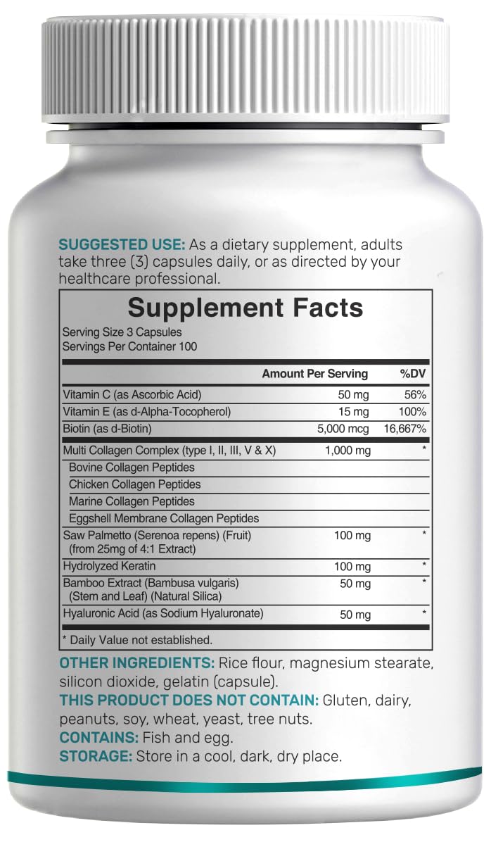 Multi Collagen Pills for Women & Men with Vitamin C, E & Biotin, 300 Capsules – Type I, II, III, V, X Hydrolyzed Collagen Peptides – 11 in 1 Formula with Saw Palmetto - Maple Wellness Supplements