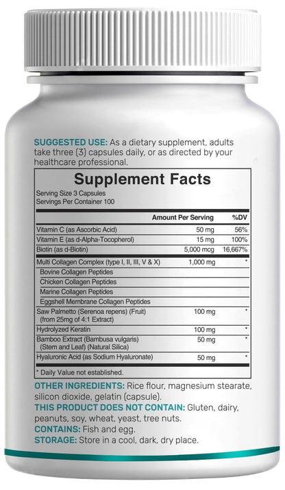 Multi Collagen Pills for Women & Men with Vitamin C, E & Biotin, 300 Capsules – Type I, II, III, V, X Hydrolyzed Collagen Peptides – 11 in 1 Formula with Saw Palmetto - Maple Wellness Supplements