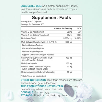 Multi Collagen Pills for Women & Men with Vitamin C, E & Biotin, 300 Capsules – Type I, II, III, V, X Hydrolyzed Collagen Peptides – 11 in 1 Formula with Saw Palmetto - Maple Wellness Supplements