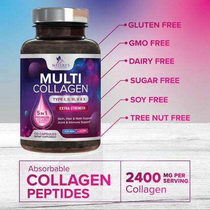 Multi Collagen Pills - Multi Collagen Complex 2400 mg Per Serving - Types I, II, III, V, X - Hydrolyzed Collagen Peptides Supplement - Hair, Skin & Nail Support - Bottled in the USA - 120 Capsules - Maple Wellness Supplements