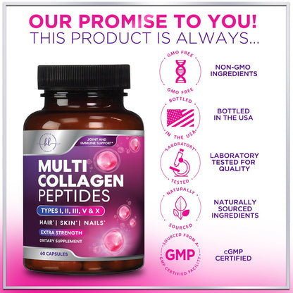 Multi Collagen Supplement 2400 mg - Types I, II, III, V & X Multi Collagen Peptides Pills for Women & Men, Hydrolyzed Collagen Supplements, Hair, Skin, Nail, & Joint Support Supplement, 60 Capsules - Maple Wellness Supplements