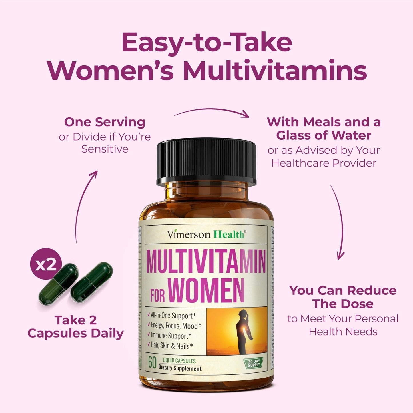 Multivitamin for Women with Bioavailable Vitamins, Minerals, Vitamin D, B12, C, A & Zinc for Energy, Focus and Immune Health – Premium Womens Multivitamins & Multiminerals – 60 Liquid Caps - Maple Wellness Supplements