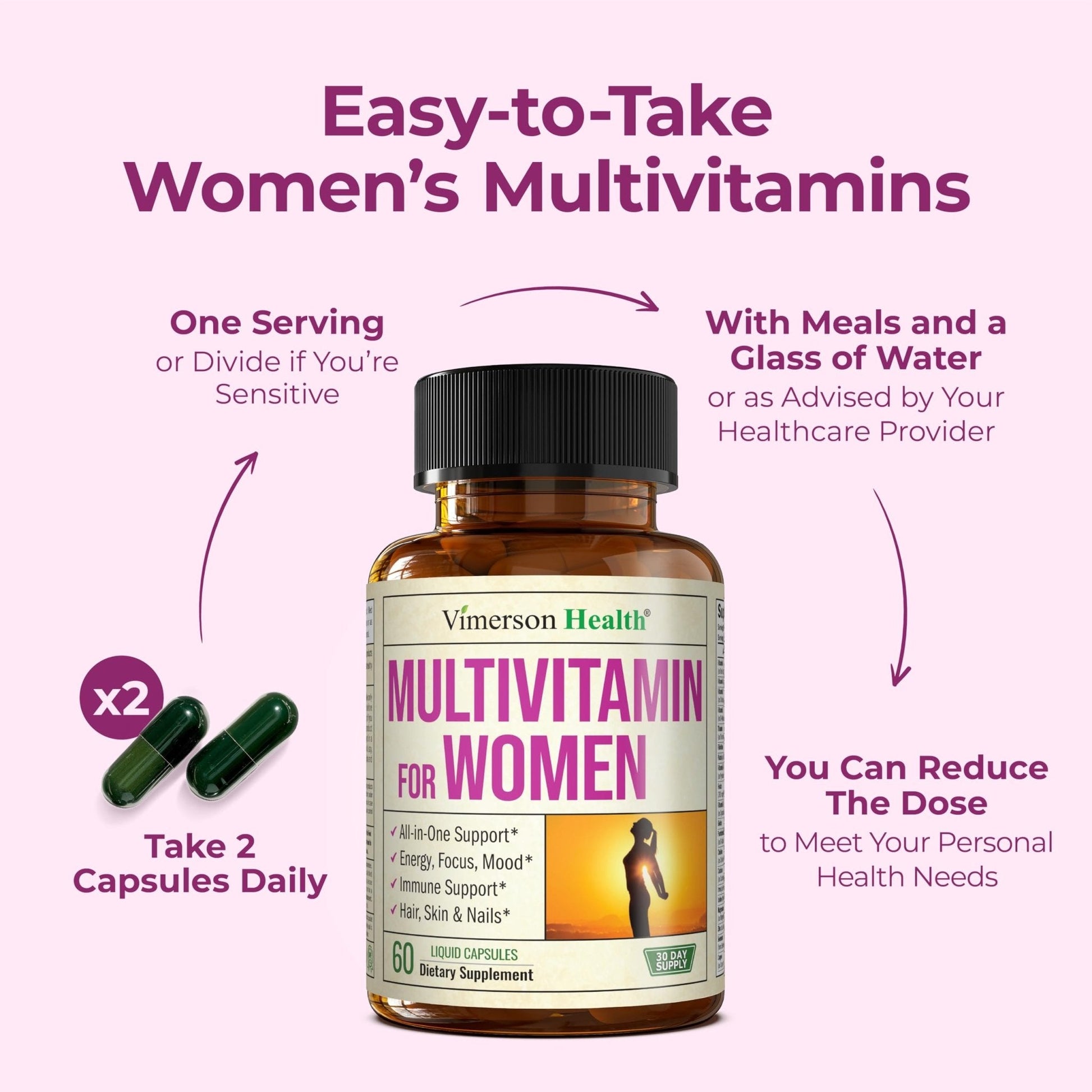 Multivitamin for Women with Bioavailable Vitamins, Minerals, Vitamin D, B12, C, A & Zinc for Energy, Focus and Immune Health – Premium Womens Multivitamins & Multiminerals – 60 Liquid Caps - Maple Wellness Supplements