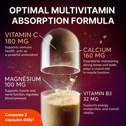 Multivitamin Supplement | Complex with Vitamin A, C, D, E, K1, B, Zinc & Chromium | Hair, Skin & Nail Beauty Vitamins | Immune Support Supplements for Men & Women | 60 Capsules - Maple Wellness Supplements