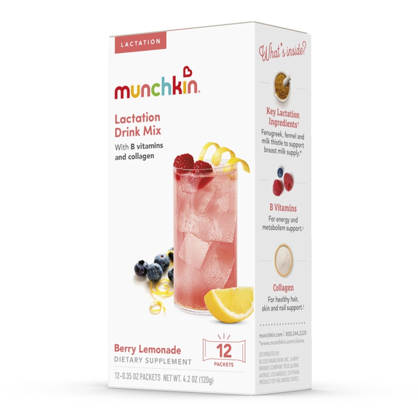 Munchkin Milkmakers Lactation Drink Mix Supplement with B Vitamins/Collagen/Fenugreek & Milk Thistle for Breastfeeding Moms, Berry Lemonade, 12 Count - Maple Wellness Supplements