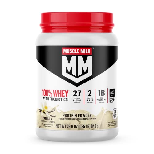 Muscle Milk 100% Whey With Probiotics Protein Powder, Vanilla, 1.85 Pound, 23 Servings - Maple Wellness Supplements