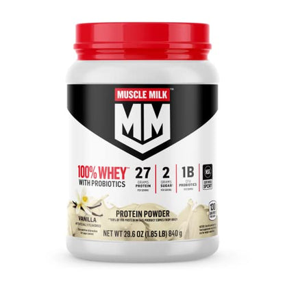 Muscle Milk 100% Whey With Probiotics Protein Powder, Vanilla, 1.85 Pound, 23 Servings - Maple Wellness Supplements