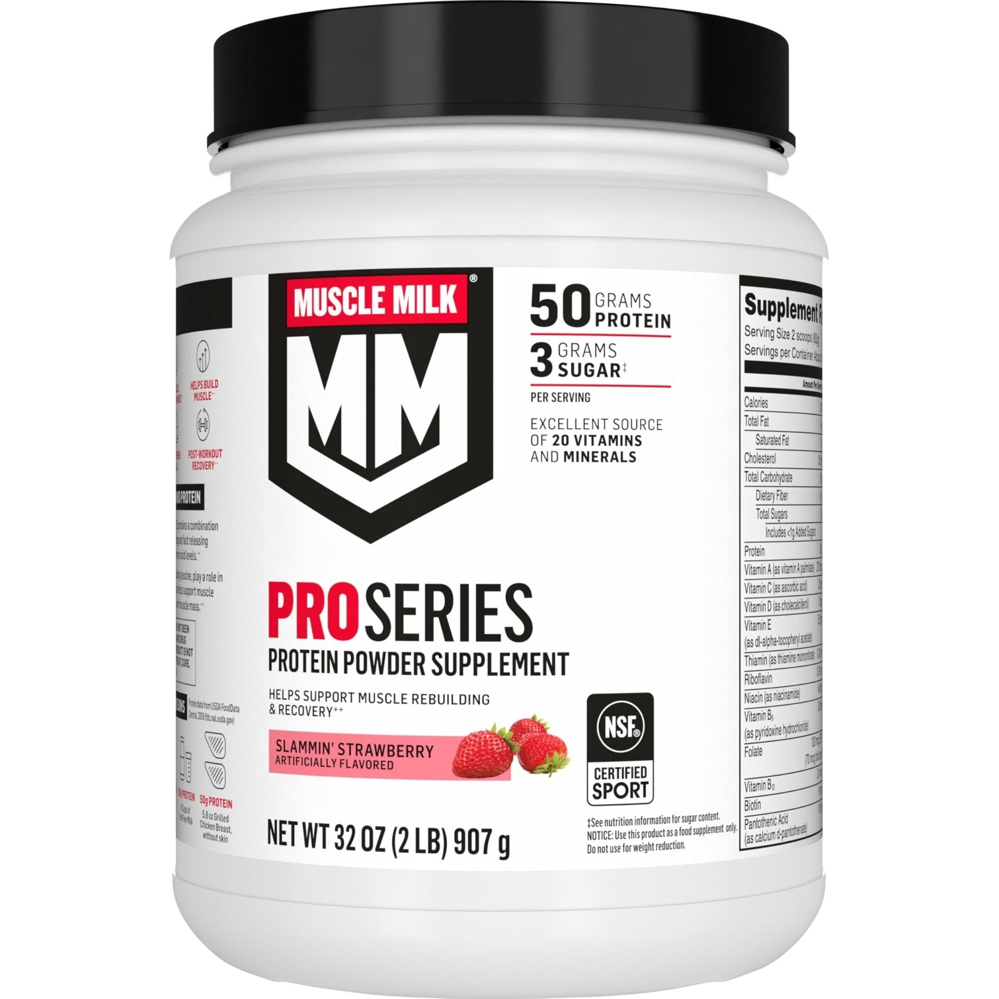 Muscle Milk Pro Series Protein Powder Supplement, Slammin' Strawberry, 2 Pound, 11 Servings, 50g Protein, 3g Sugar, 20 Vitamins & Minerals, NSF Certified for Sport, Packaging May Vary - Maple Wellness Supplements