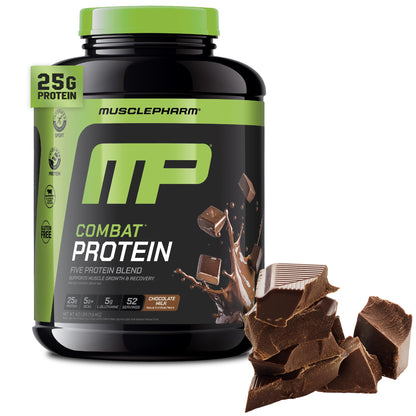 MusclePharm Combat Protein Powder, Chocolate Milk Flavor, Fuels Muscles for Productive Workouts, 5 Protein Sources including Whey Protein Isolate & Egg Albumin, Gluten Free, 4.2 lb, 52 Servings - Maple Wellness Supplements