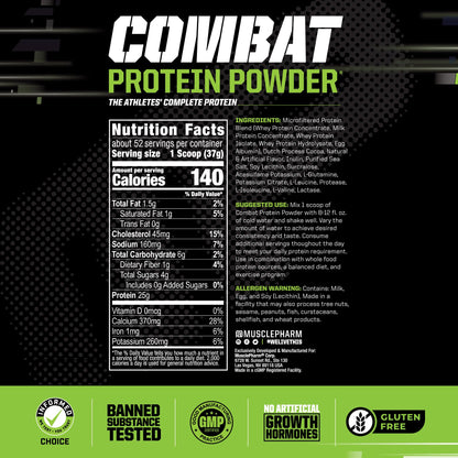 MusclePharm Combat Protein Powder, Chocolate Milk Flavor, Fuels Muscles for Productive Workouts, 5 Protein Sources including Whey Protein Isolate & Egg Albumin, Gluten Free, 4.2 lb, 52 Servings - Maple Wellness Supplements