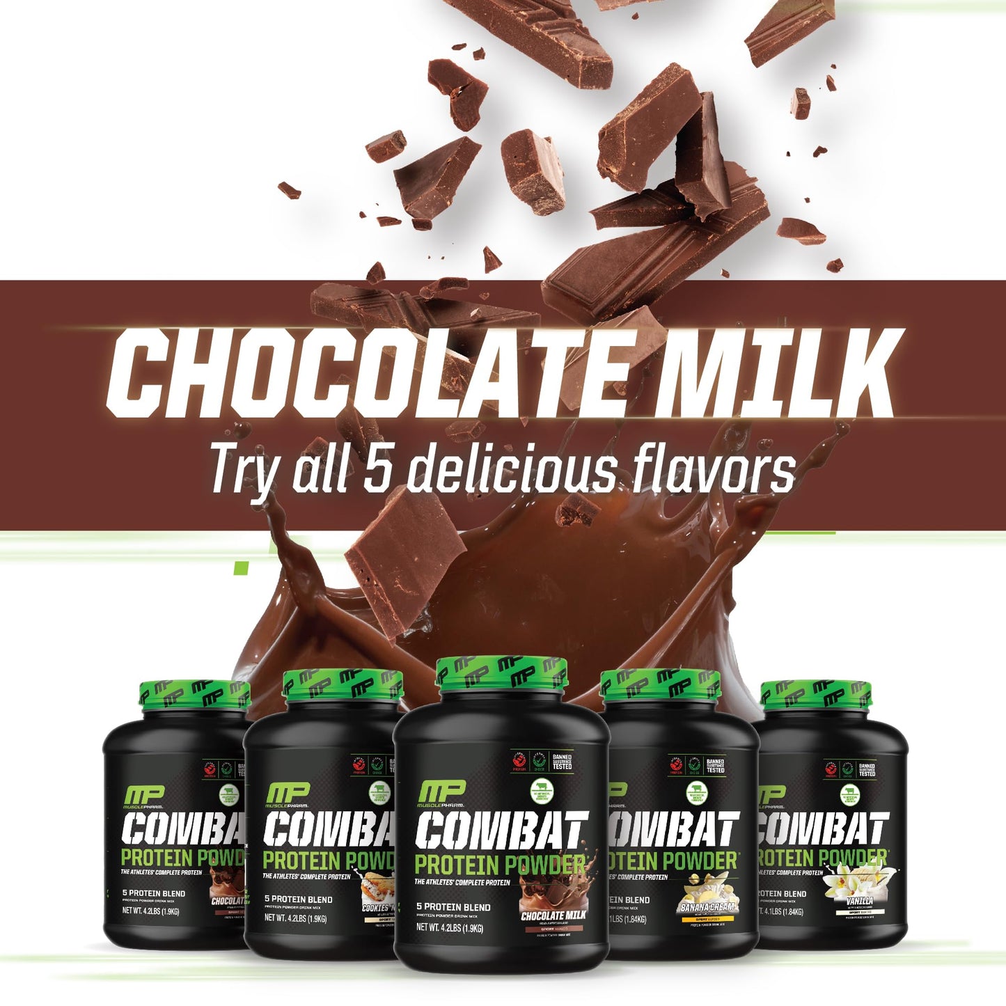 MusclePharm Combat Protein Powder, Chocolate Milk Flavor, Fuels Muscles for Productive Workouts, 5 Protein Sources including Whey Protein Isolate & Egg Albumin, Gluten Free, 4.2 lb, 52 Servings - Maple Wellness Supplements