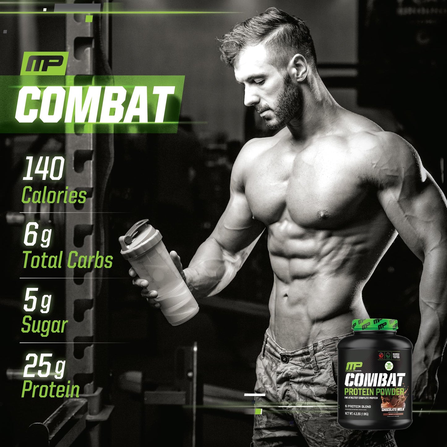 MusclePharm Combat Protein Powder, Chocolate Milk Flavor, Fuels Muscles for Productive Workouts, 5 Protein Sources including Whey Protein Isolate & Egg Albumin, Gluten Free, 4.2 lb, 52 Servings - Maple Wellness Supplements