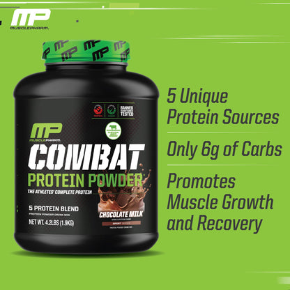 MusclePharm Combat Protein Powder, Chocolate Milk Flavor, Fuels Muscles for Productive Workouts, 5 Protein Sources including Whey Protein Isolate & Egg Albumin, Gluten Free, 4.2 lb, 52 Servings - Maple Wellness Supplements