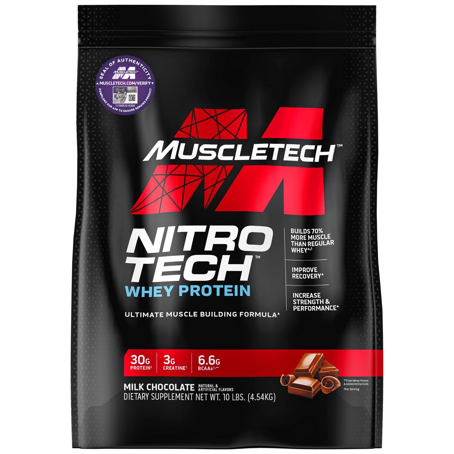Muscletech Whey Protein Powder (Milk Chocolate, 10 Pound) - Nitro-Tech Muscle Building - Maple Wellness Supplements