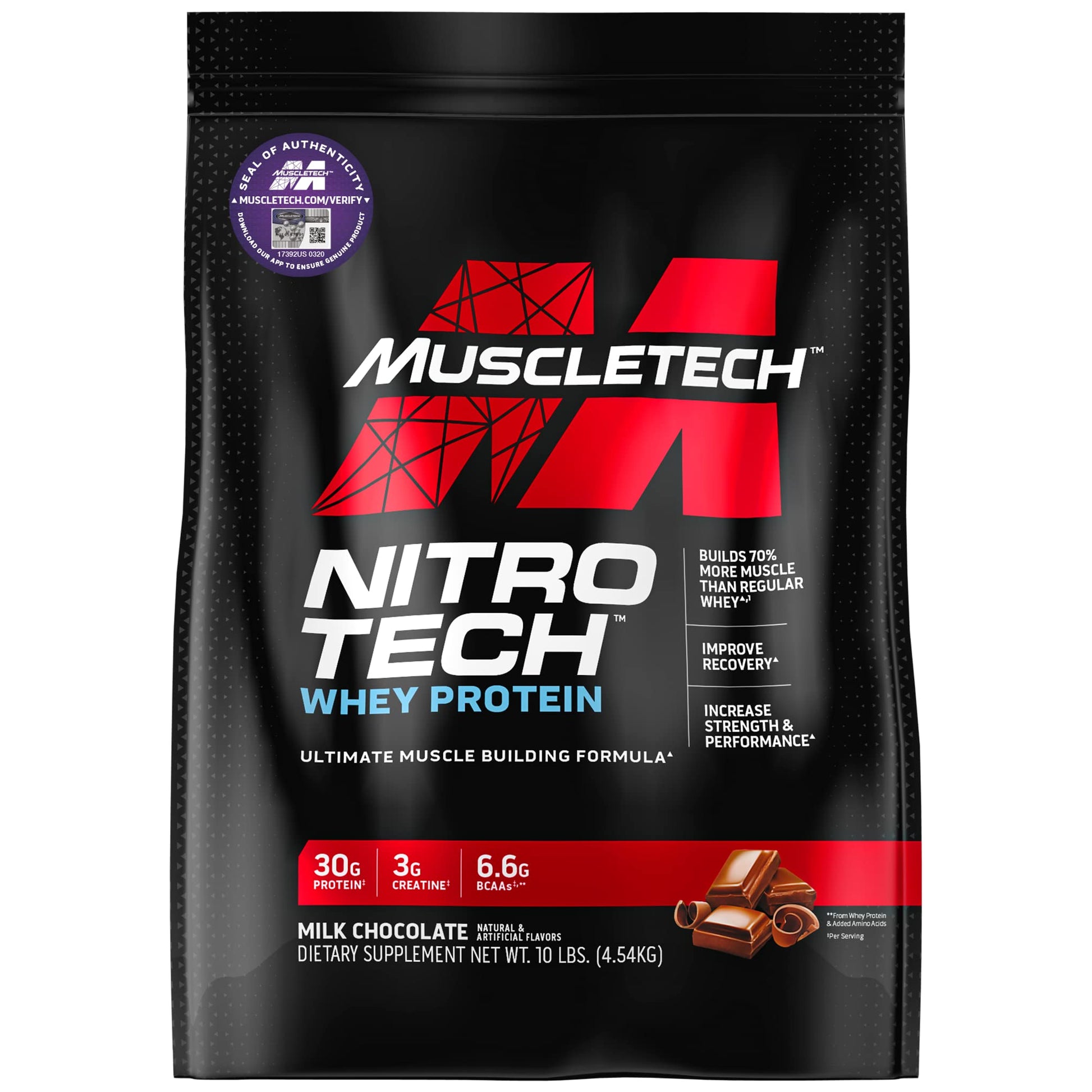 Muscletech Whey Protein Powder (Milk Chocolate, 10 Pound) - Nitro-Tech Muscle Building - Maple Wellness Supplements