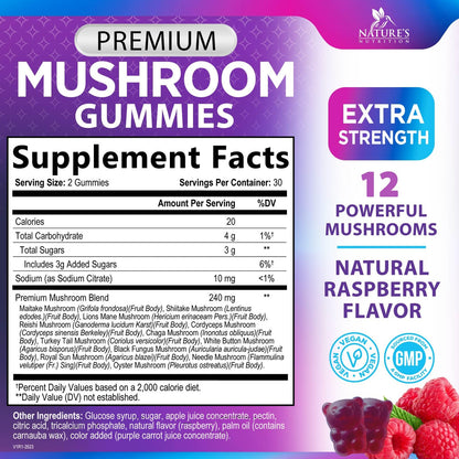 Mushroom Gummies Supplement 12 in 1 - High Grade Blend for Adults with Lions Mane, Reishi, Cordyceps, & Chaga Mushroom Complex Gummy, Memory & Immune Support & Nootropic Brain Supplements - 60 Gummies - Maple Wellness Supplements