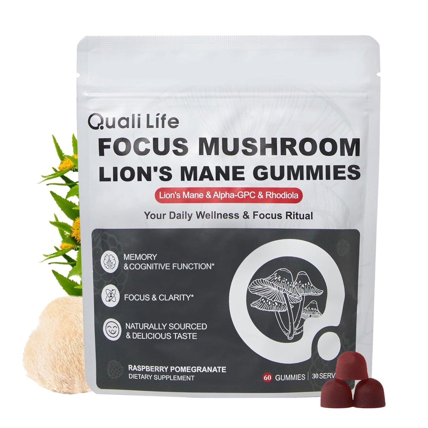 Mushroom Gummies with Lion’s Mane - Alpha Brain Gummy for Focus & Memory - Nootropic Focus Gummies with Rhodiola & Alpha-GPC – Vegan Brain Supplement, Raspberry Pomegranate Flavor, 60 Count (1) - Maple Wellness Supplements