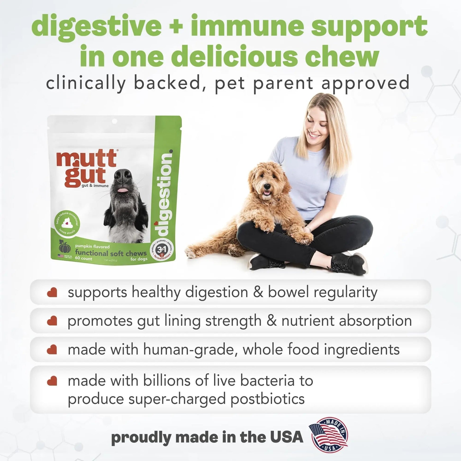 MuttGut® 3-in-1 Puppy & Dog Probiotics + Prebiotics + Postbiotics Chews - Promotes Digestive Health, Supports Immune System and Overall Health - Dog Diarrhea Relief & Immune Support - 60 Soft Chews - Maple Wellness Supplements