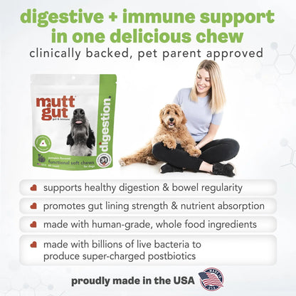MuttGut® 3-in-1 Puppy & Dog Probiotics + Prebiotics + Postbiotics Chews - Promotes Digestive Health, Supports Immune System and Overall Health - Dog Diarrhea Relief & Immune Support - 60 Soft Chews - Maple Wellness Supplements