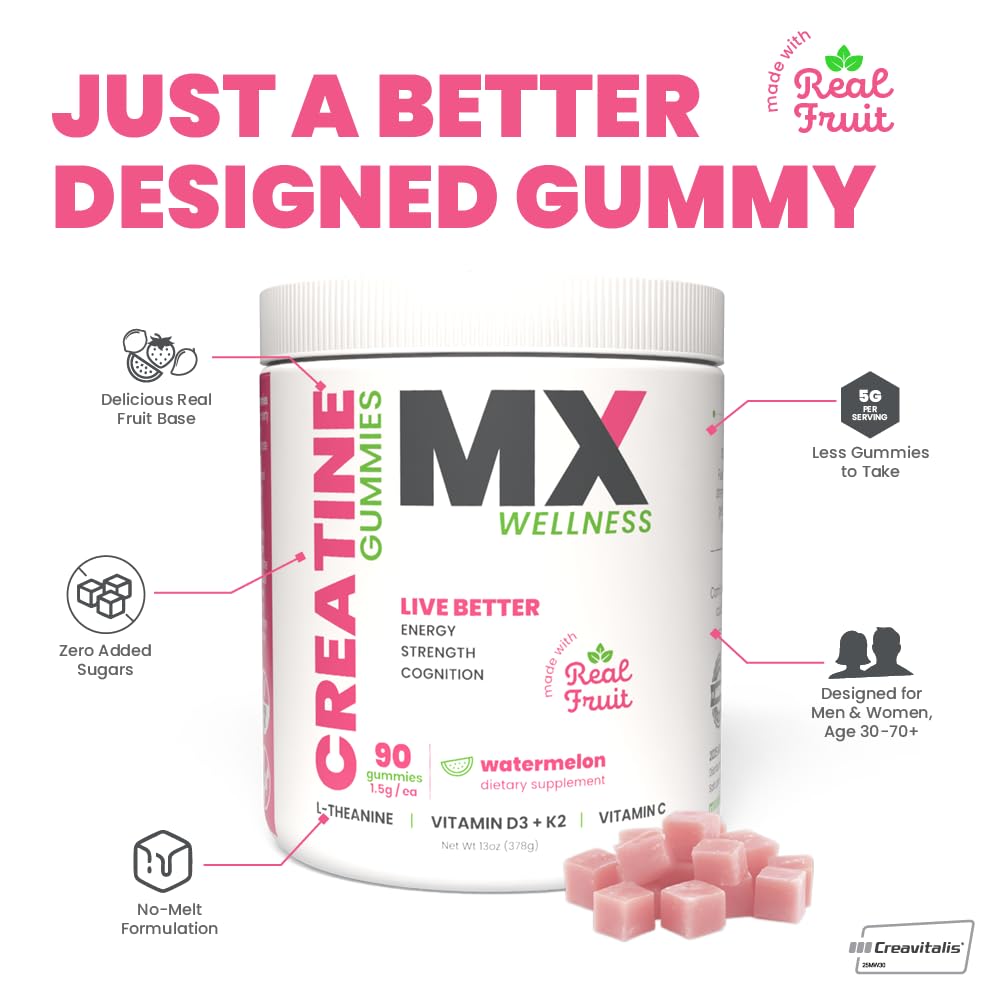 MX Wellness Creatine Monohydrate Gummies for Men & Women – Real Fruit Gummy Supplement for Muscle Growth, Recovery, Longevity, Cognitive Health & Memory – 90 Chews (90 Gummies, Watermelon) - Maple Wellness Supplements