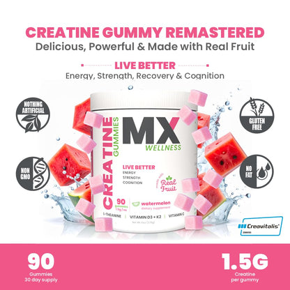 MX Wellness Creatine Monohydrate Gummies for Men & Women – Real Fruit Gummy Supplement for Muscle Growth, Recovery, Longevity, Cognitive Health & Memory – 90 Chews (90 Gummies, Watermelon) - Maple Wellness Supplements