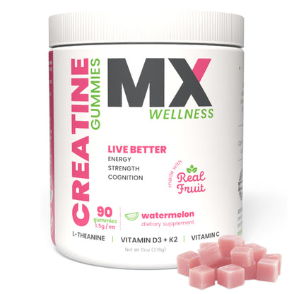 MX Wellness Creatine Monohydrate Gummies for Men & Women – Real Fruit Gummy Supplement for Muscle Growth, Recovery, Longevity, Cognitive Health & Memory – 90 Chews (90 Gummies, Watermelon) - Maple Wellness Supplements