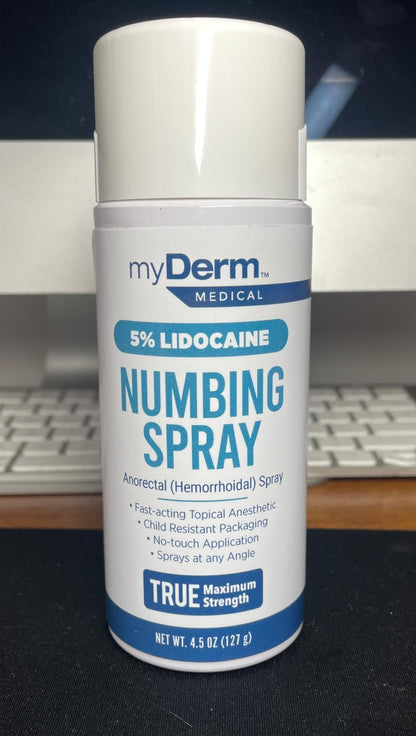 Myderm Medical Numbing Spray - 4.5oz - Maximum Strength 5% Lidocaine with Phenylephrine HCl and Witch Hazel - Fast-Acting Reliever with A Touch-Free Application - First Aid Supplies - Made in USA - Maple Wellness Supplements