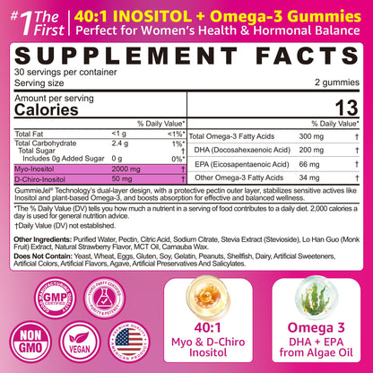 Myo-Inositol & D-Chiro Ideal 40:1, Inositol + Omega-3(3:1) Gummies, Hormone Balance for Women | Sugar Free Inositol Gummies w/Omega 3 DHA:EPA (3:1), Inositol Supplement for Cycle Health, Vegan, 60 Ct - Maple Wellness Supplements