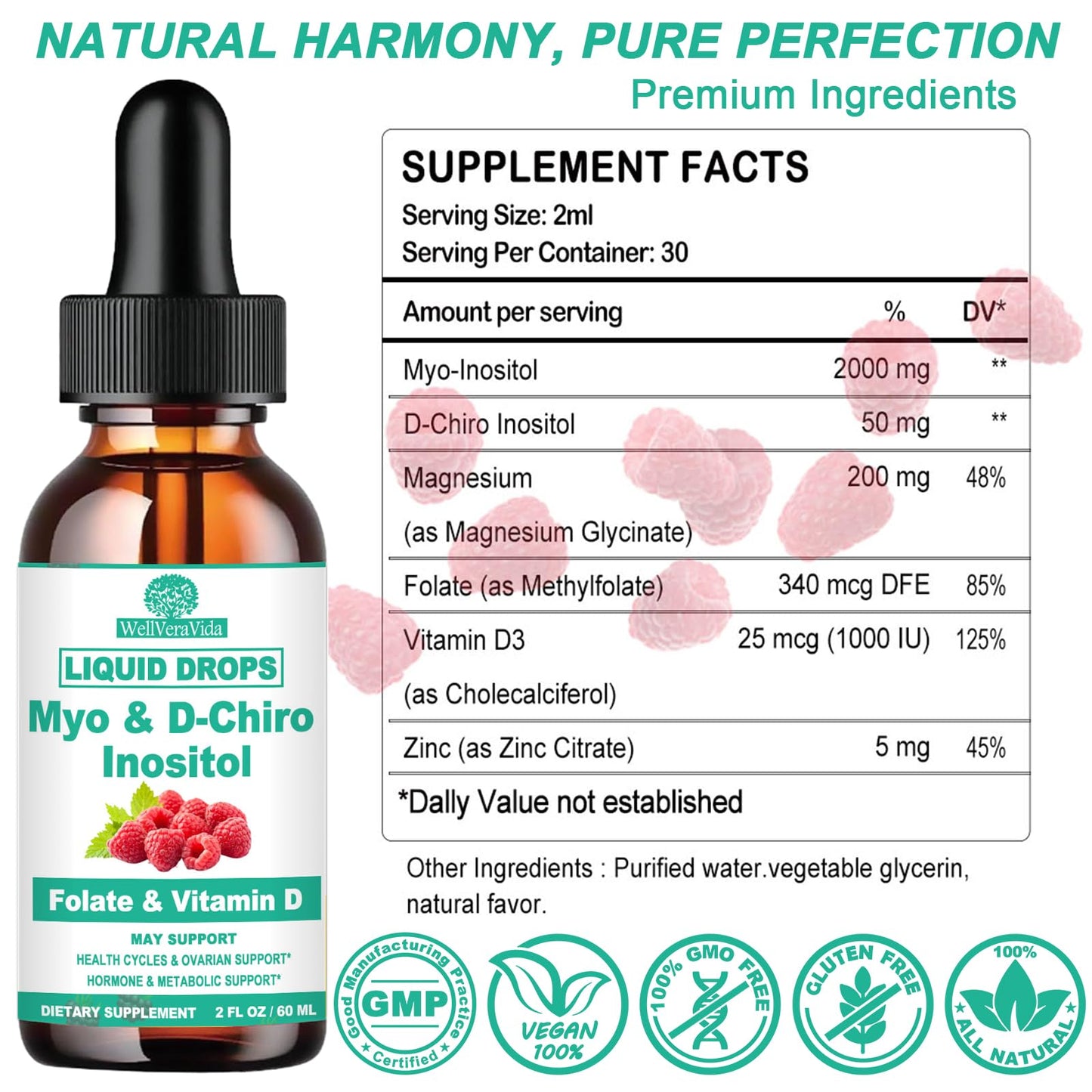 Myo Inositol & D-Chiro Inositol Supplement Liquid for Women- Ideal 40:1 Ratio Inositol Drops with MTHF Folate, Magnesium, Vitamin D, Supports Hormone Balance, Regular Cycles & Ovarian Health丨Vegan - Maple Wellness Supplements