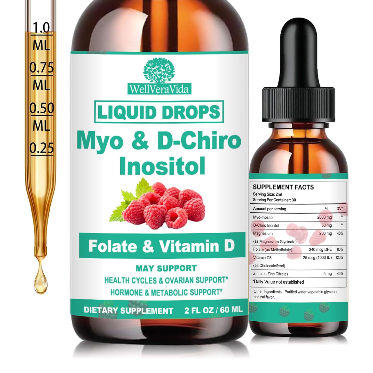 Myo Inositol & D-Chiro Inositol Supplement Liquid for Women- Ideal 40:1 Ratio Inositol Drops with MTHF Folate, Magnesium, Vitamin D, Supports Hormone Balance, Regular Cycles & Ovarian Health丨Vegan - Maple Wellness Supplements