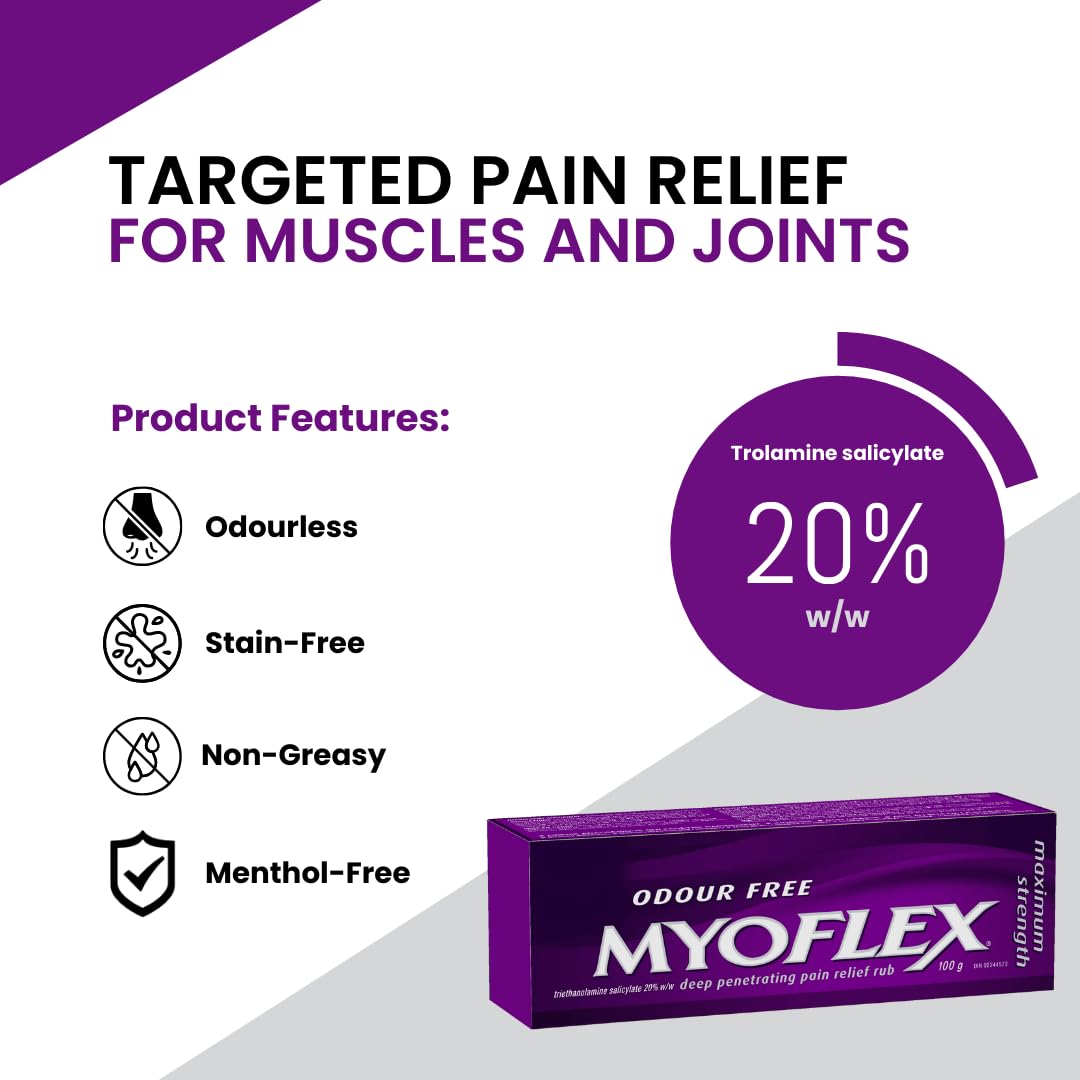 Myoflex Pain Relief Rub | Odourless | Provides Deep Penetrating Relief of Muscle Soreness & Joint Pain | Menthol Free | Stain Free | Non-Greasy | Great for Ages 2+ | 100 Grams (Maximum Strength) - Maple Wellness Supplements