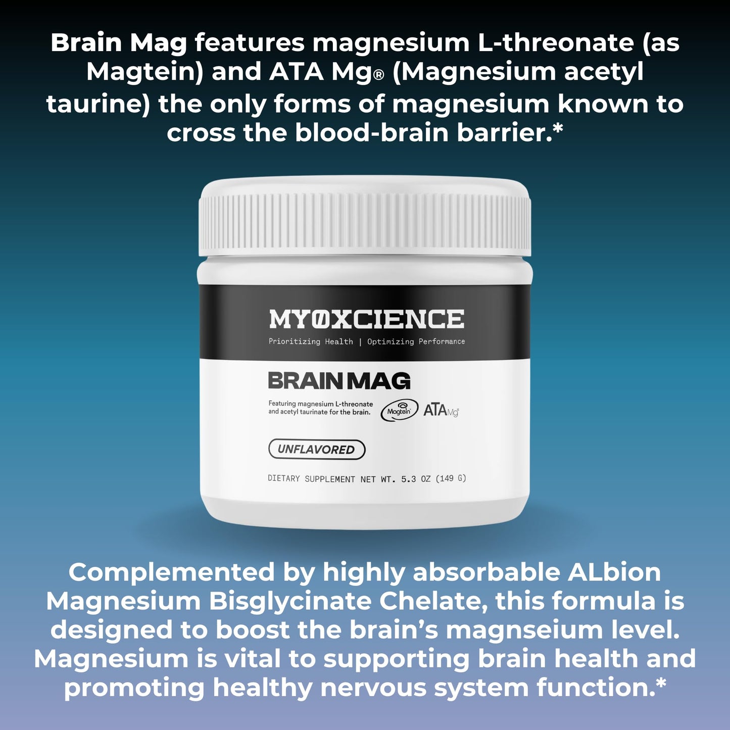MYOXCIENCE Brain Mag | Magnesium L-Threonate Magtein & Magnesium Glycinate Powder (Unflavored) (60 Servings) - Maple Wellness Supplements