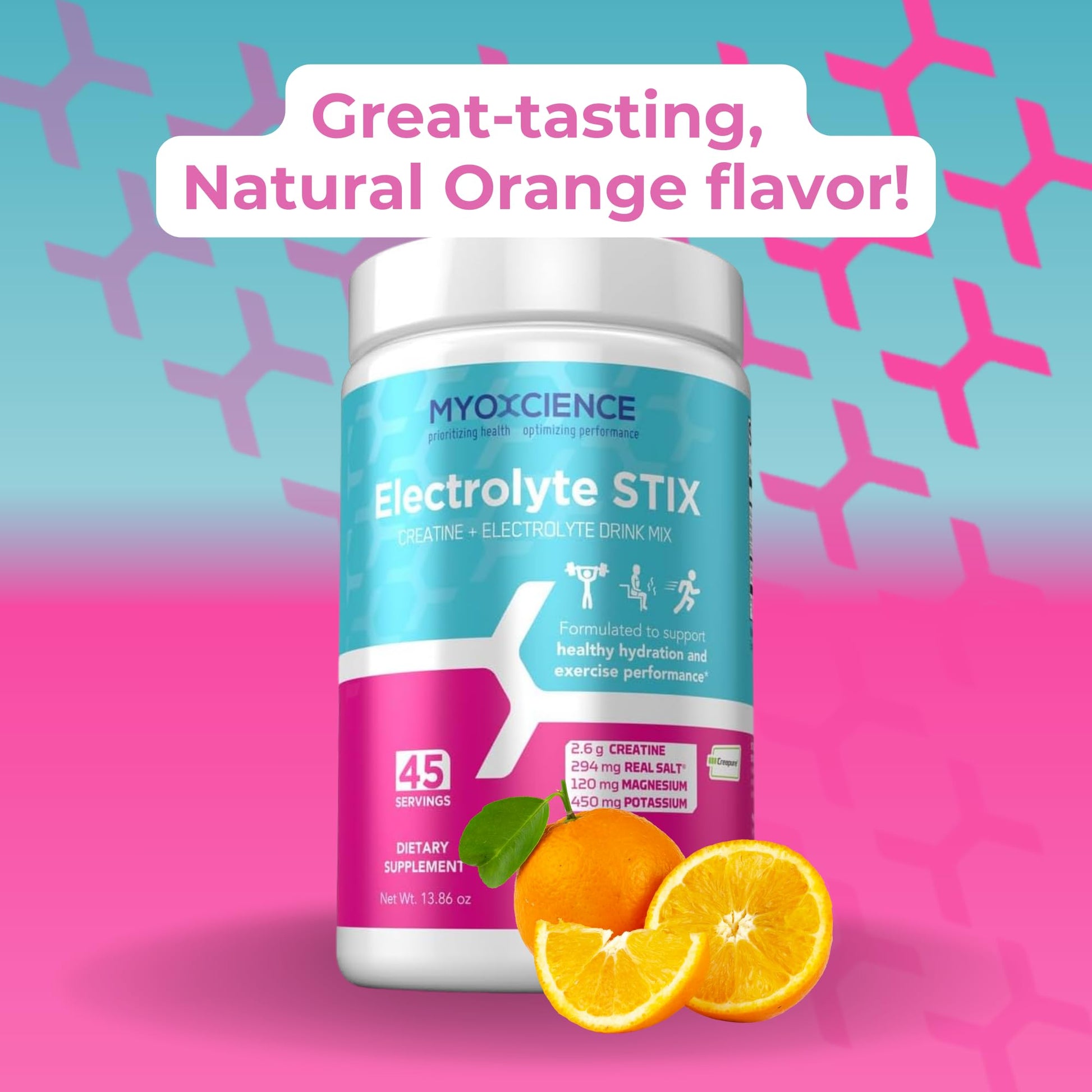 MYOXCIENCE Electrolyte STIX | Creatine Electrolyte Powder | Recovery from Exercise & Muscle Development w/Real Salt (Natural Orange Flavor) (Jar 45 ct) - Maple Wellness Supplements