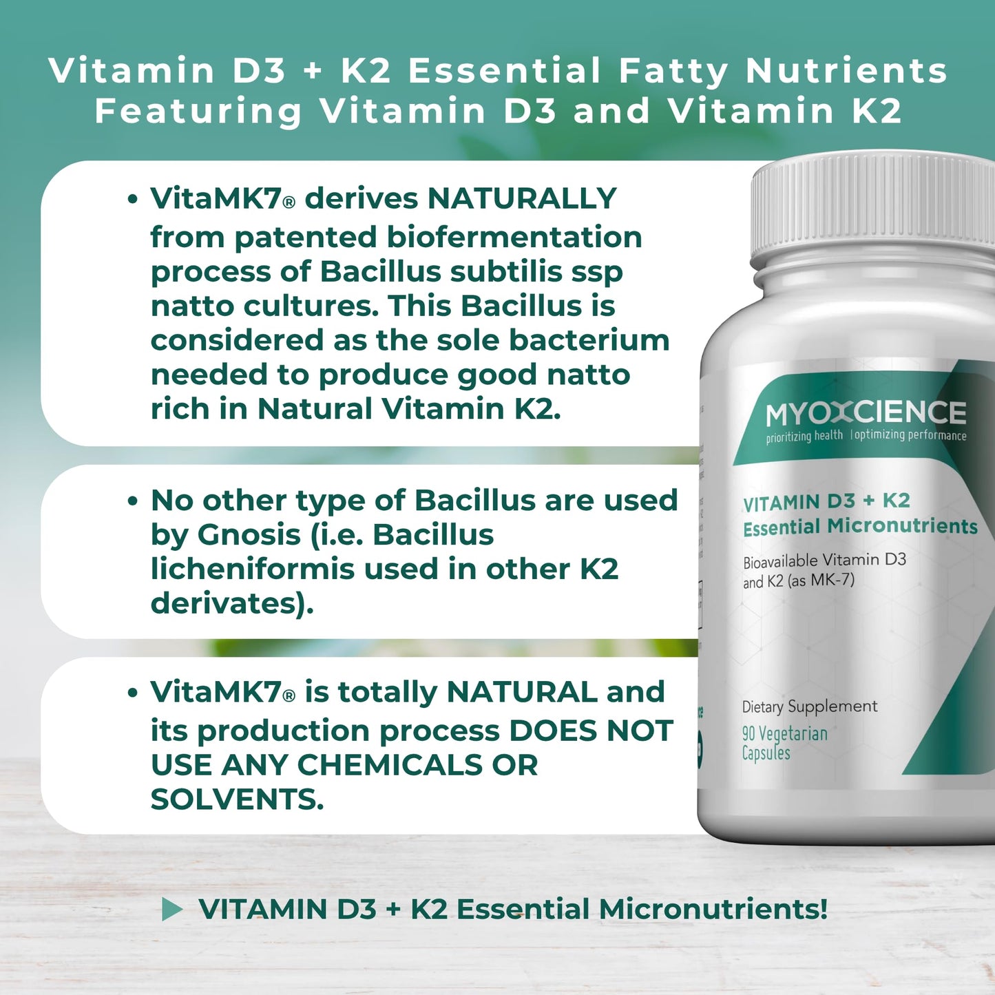 MYOXCIENCE Vitamin D3 + K2 Essential Micronutrients | Vitamin D3 5,000 IU | Vitamin K2 as MK-7 90 mcg (90 Vegetarian Capsules) - Maple Wellness Supplements