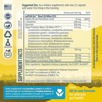 myPEAK PeakBiotic: The Ultimate Vegan Synbiotic with 50 Billion CFU Probiotics Prebiotics Postbiotics Modbiotics and Gut Lining to Enhance Digestion, Skin, and Mood with 2-Month Supply, 60 Capsules - Maple Wellness Supplements