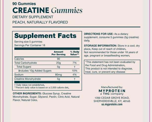 Myprotein Creatine Gummies, 5g Creatine Monohydrate per Serving, Peach, 90 Count, 18 Servings, Chewable Post/Pre Workout Strength & Recovery Sports Nutrition Supplement, Vegan, Non-GMO - Maple Wellness Supplements