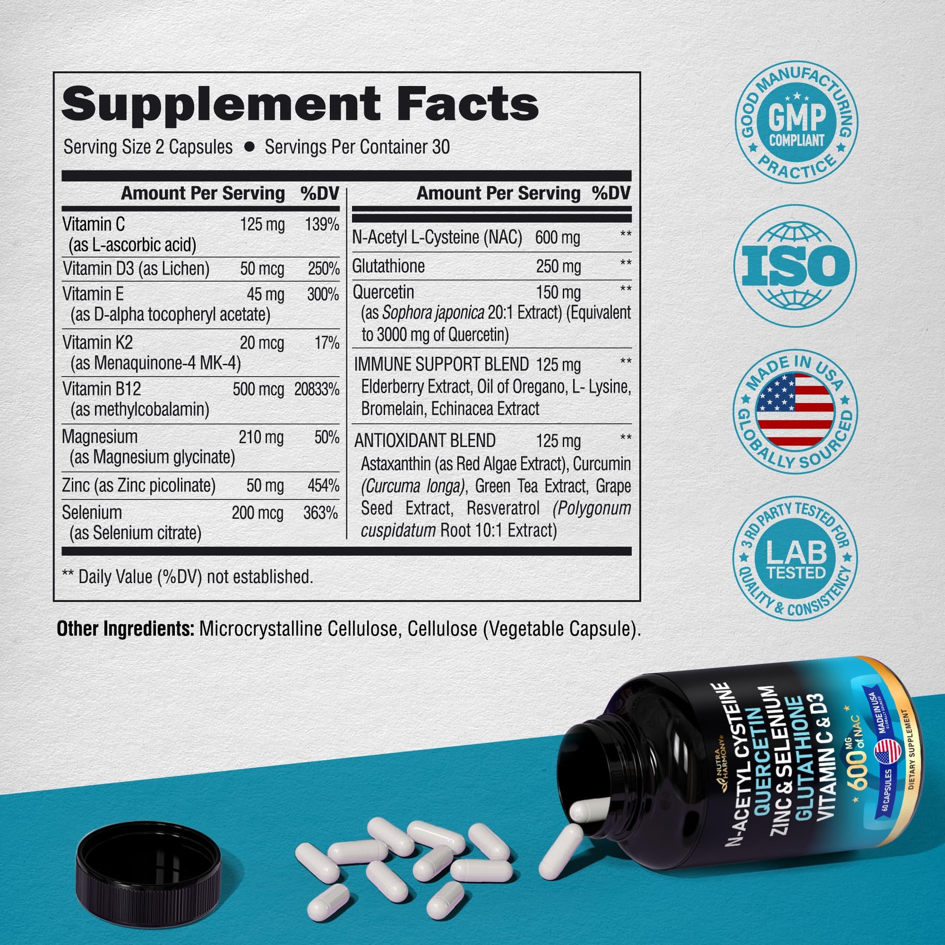 NAC 600 mg Supplement | Quercetin | Zinc | Glutathione | Selenium | Vitamin C & D3 - Maple Wellness Supplements