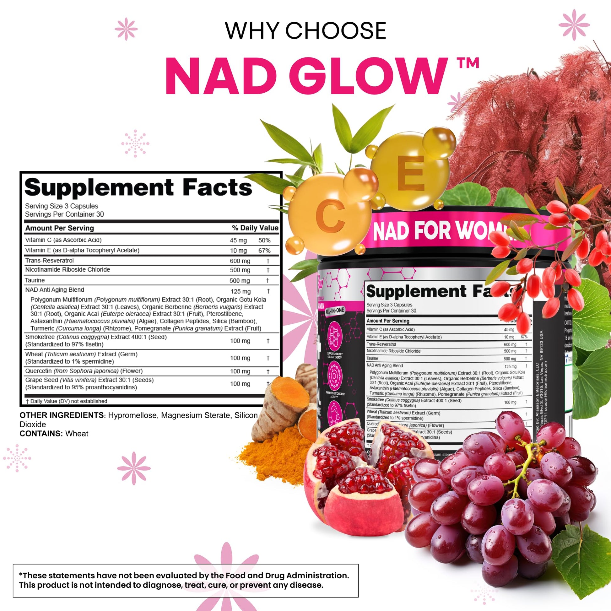 NAD+ Resveratrol Supplement for Women NAD Turmeric Vitamin C Acai Pomegranate Collagen Peptides Nicotinamide Riboside Fisetin Vitamin E Polygonum Multiflorum Berberine 90 Capsules by Clean Nutra - Maple Wellness Supplements