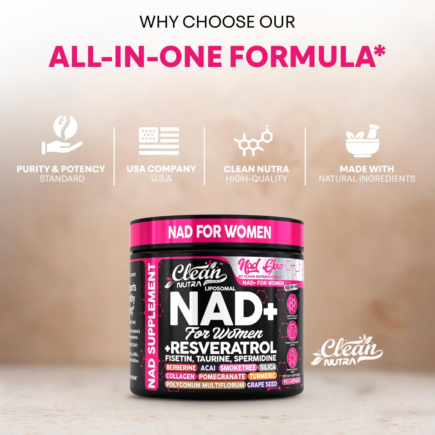 NAD+ Resveratrol Supplement for Women NAD Turmeric Vitamin C Acai Pomegranate Collagen Peptides Nicotinamide Riboside Fisetin Vitamin E Polygonum Multiflorum Berberine 90 Capsules by Clean Nutra - Maple Wellness Supplements