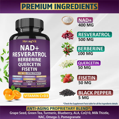 NAD Resveratrol Supplement with Berberine, Quercetin, CoQ10. Anti-Aging Formula for Women & Men. Liposomal NAD Plus, NAD+ Booster, Pure Organic Vitamin, USA - Maple Wellness Supplements