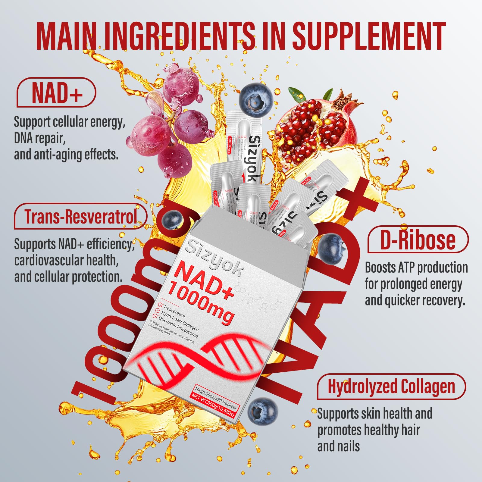 NAD+ Supplement 1000mg Liquid - High Absorption NAD+ with Trans Resveratrol 2000mg, Collagen & Hyaluronic Acid, Anti-Aging Energy Support for Women, Cellular Health & Longevity Boost - Maple Wellness Supplements