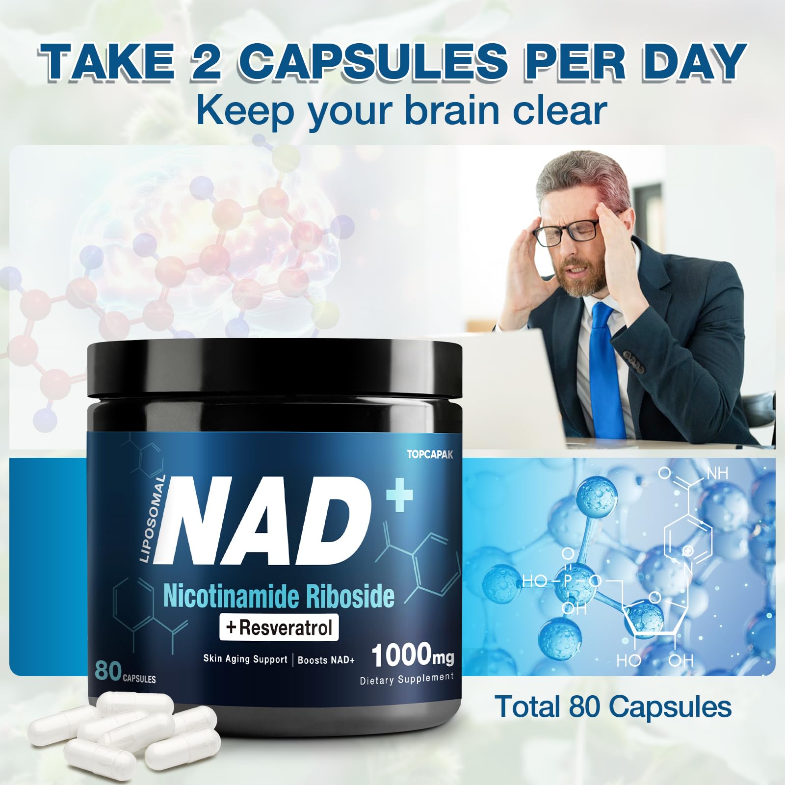 NAD+ Supplement 1000mg - Nicotinamide Riboside (NR) and Resveratrol, Liposomal NAD of Pure Organic Ingredients for Women & Men Healthy Aging, Brain and Cellular Energy, 80 Capsules - Maple Wellness Supplements