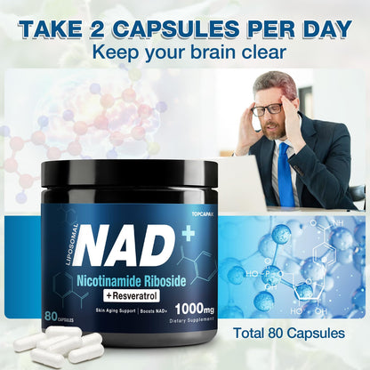 NAD+ Supplement 1000mg - Nicotinamide Riboside (NR) and Resveratrol, Liposomal NAD of Pure Organic Ingredients for Women & Men Healthy Aging, Brain and Cellular Energy, 80 Capsules - Maple Wellness Supplements