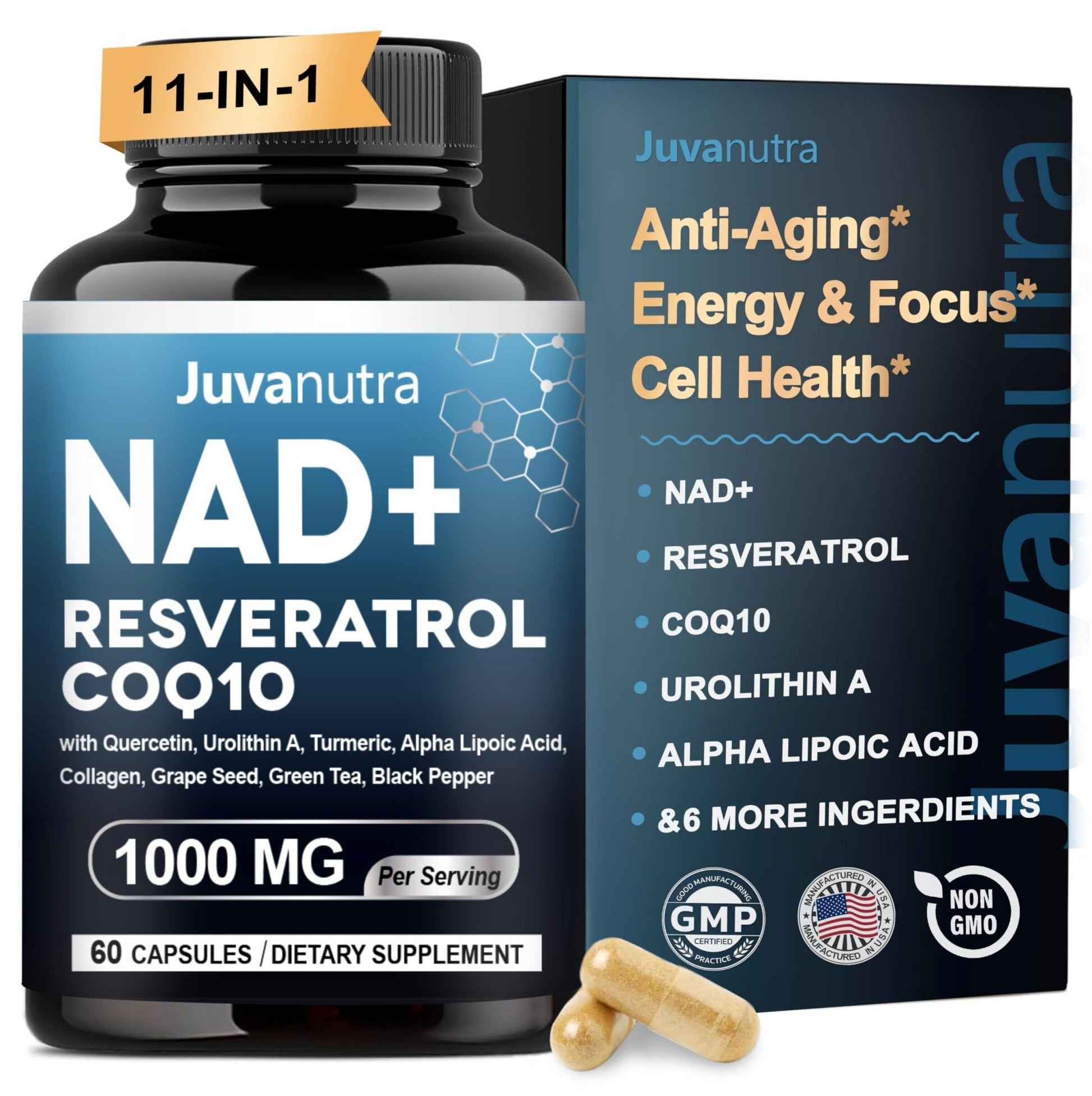 NAD Supplement 11-in-1 Extra Strength – Liposomal NAD with Resveratrol, CoQ10, Urolithin A, ALA & Turmeric – Supports Anti-Aging, Cellular Repair, Energy & Focus – for Women & Men – 60 Capsules - Maple Wellness Supplements