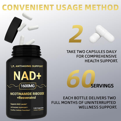 NAD Supplement 1600mg, NAD+ with Resveratrol & Nicotinamide Riboside, Anti-Aging Support, Cellular Energy & Mental Clarity Support, Vegan Non-GMO, 120 Capsules - Maple Wellness Supplements