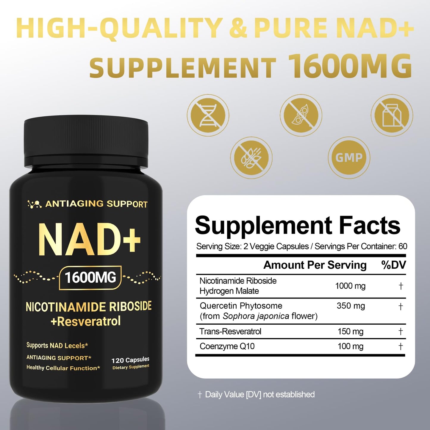 NAD Supplement 1600mg, NAD+ with Resveratrol & Nicotinamide Riboside, Anti-Aging Support, Cellular Energy & Mental Clarity Support, Vegan Non-GMO, 120 Capsules - Maple Wellness Supplements