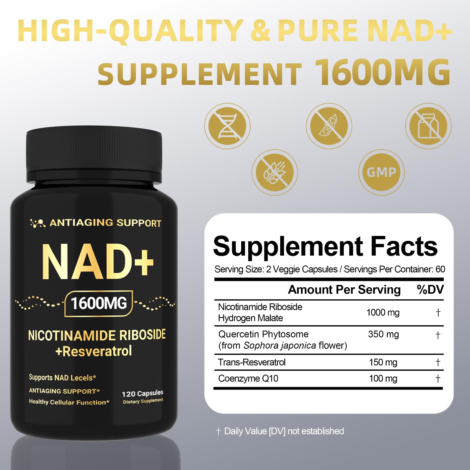 NAD Supplement 1600mg, NAD+ with Resveratrol & Nicotinamide Riboside, Anti-Aging Support, Cellular Energy & Mental Clarity Support, Vegan Non-GMO, 120 Capsules - Maple Wellness Supplements