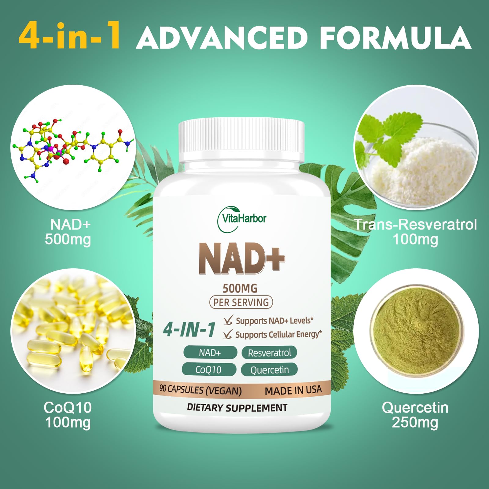 NAD Supplement 500mg, Pure Organic NAD+ Supplement for Women & Men, NAD+ with Trans-Resveratrol & CoQ10 & Quercetin for Cellular Energy & Healthy Aging, NMN Alternative (90 Vegan Caps) - Maple Wellness Supplements
