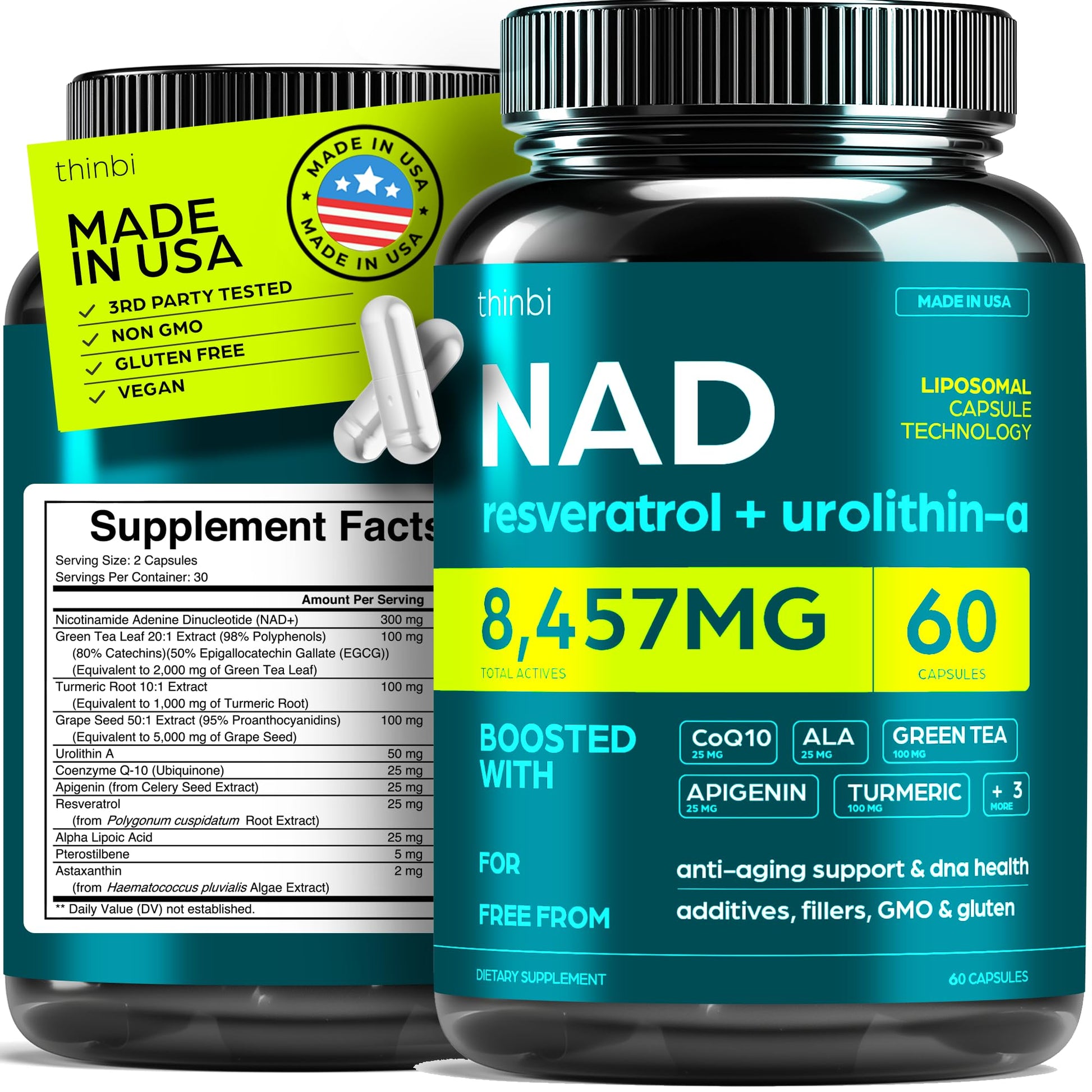 NAD Supplement 8457mg Extra Strength NMN Alternative Liposomal + Green Tea for Women & Men w/Urolithin A, Resveratrol, CoQ10, Alpha Lipoic Acid. - Maple Wellness Supplements