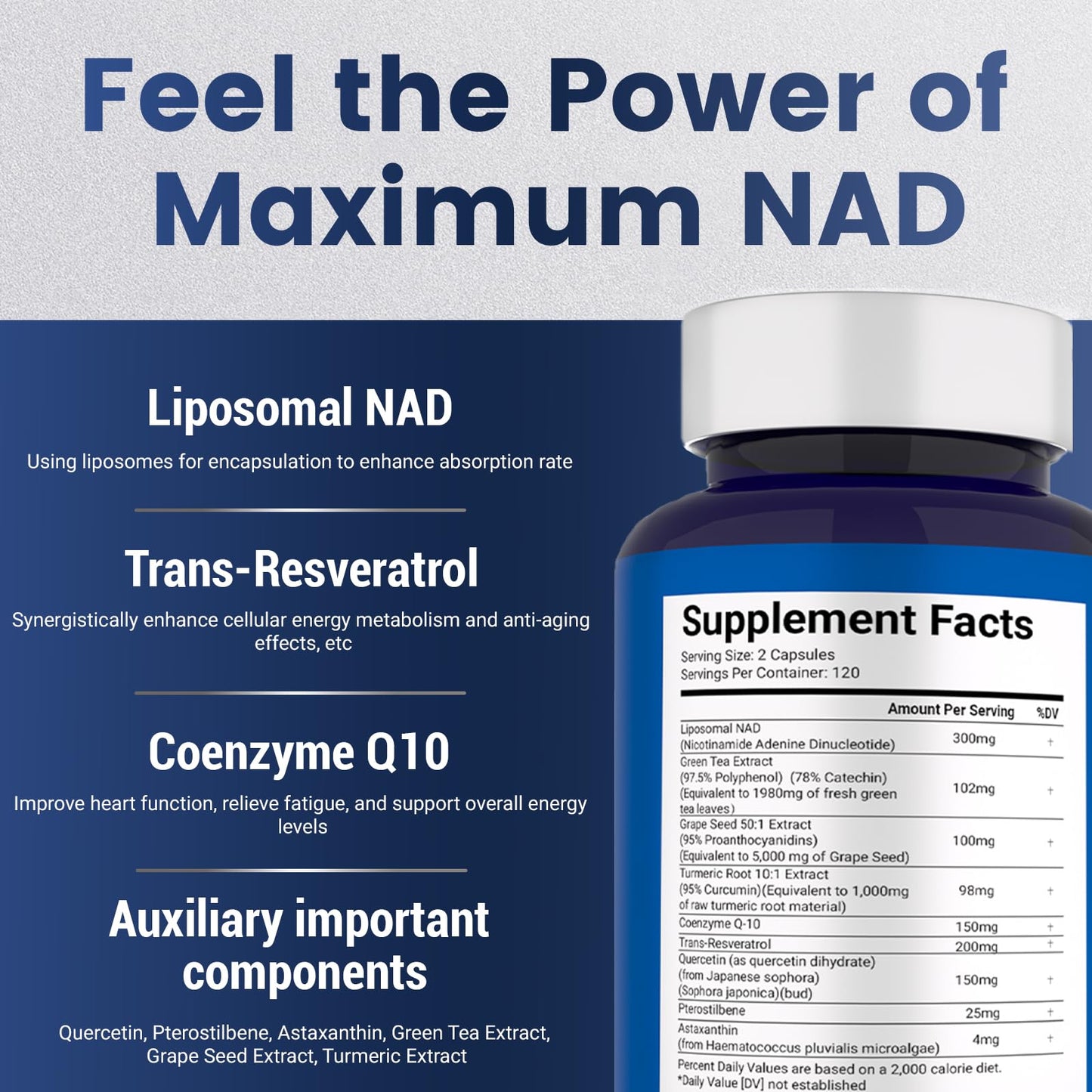 NAD+ Supplement 8,809mg with Liposomal NAD and Resveratrol for Women & Men - 120 Capsules to Support Cellular Health, Boost Stamina & Healthy Aging, Vegan & Gluten-Free - Maple Wellness Supplements